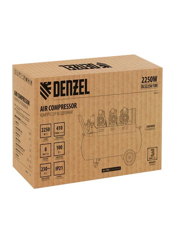 Компрессор безмасляный, малошумный  DLS 2250/100, 2250 Вт, 3x750, 100 л, 410 л/мин блок управления/ Denzel