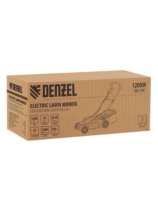 Газонокосилка электрическая GM-1200, 1200 Вт, ширина 32 см, 3 уровня, травосборник 25 л. Denzel