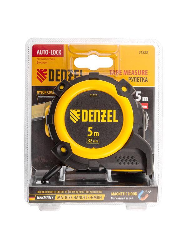 Рулетка 5м х 32мм, автоматич. фиксац., нейлон. покрытие, магнит. зацеп, двухстор. разметка// Denzel