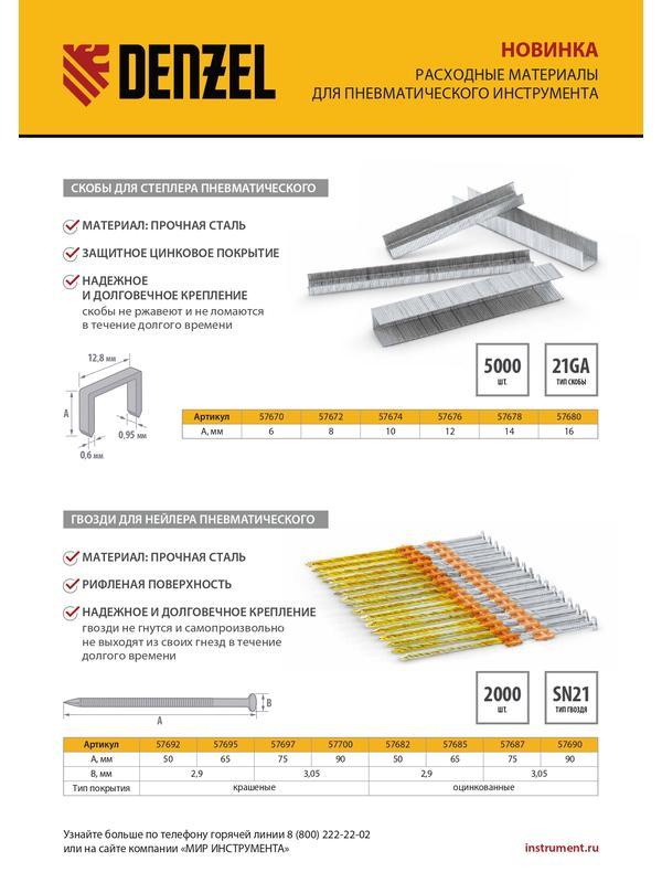 Скобы 21GA для пнев. степл., 12мм, шир. - 0,95мм, тол. - 0,6мм, шир. скобы - 12,8мм, 5000шт Denzel