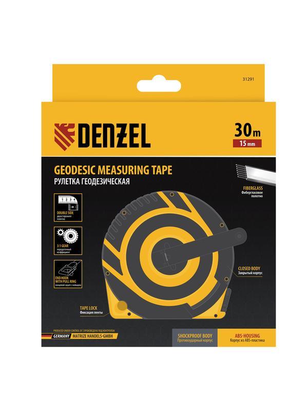 Рулетка геодезическая 30 м х 15 мм, закрытый корпус, фиберглассовая лента Denzel