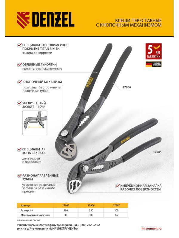 Клещи переставные, кнопочный механизм, обливные рукоятки, 300 мм Denzel