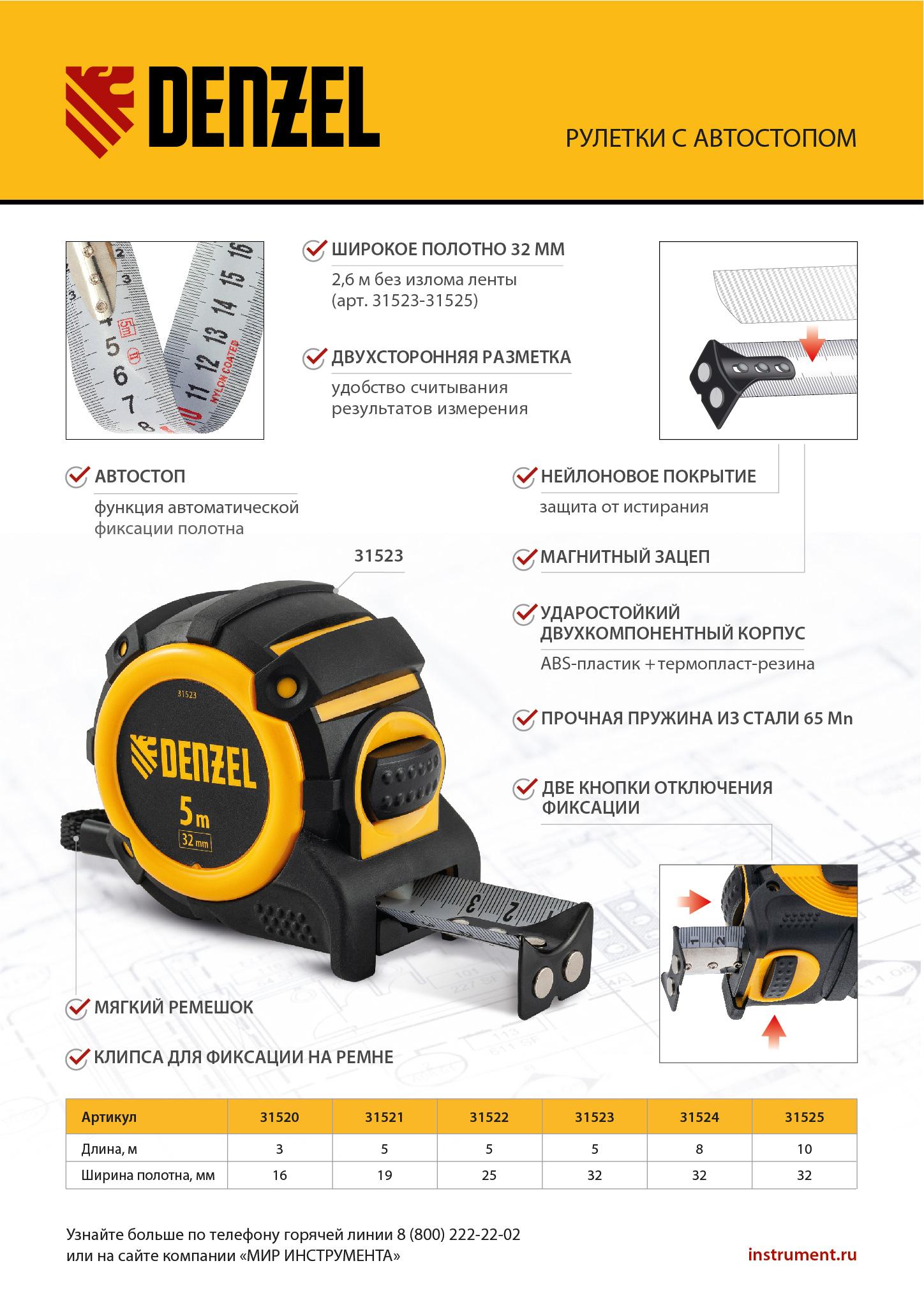 Рулетка 10м х 32мм, автоматич. фиксац., нейлон. покрытие, магнит. зацеп, двухстор. разметка// Denzel