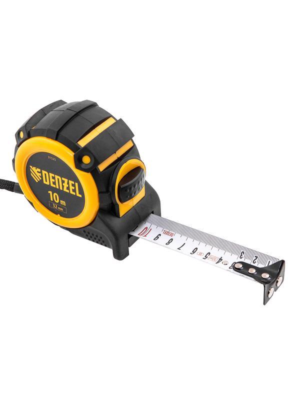 Рулетка 10м х 32мм, автоматич. фиксац., нейлон. покрытие, магнит. зацеп, двухстор. разметка// Denzel