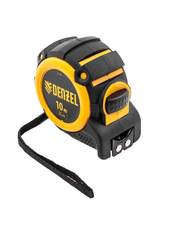 Рулетка 10м х 32мм, автоматич. фиксац., нейлон. покрытие, магнит. зацеп, двухстор. разметка// Denzel