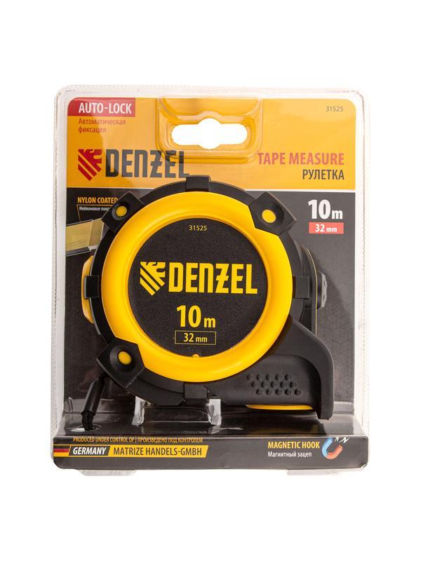 Рулетка 10м х 32мм, автоматич. фиксац., нейлон. покрытие, магнит. зацеп, двухстор. разметка// Denzel