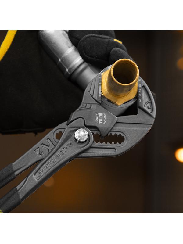 Клещи переставные, кнопочный механизм, обливные рукоятки, сантехнические, 250 мм Denzel