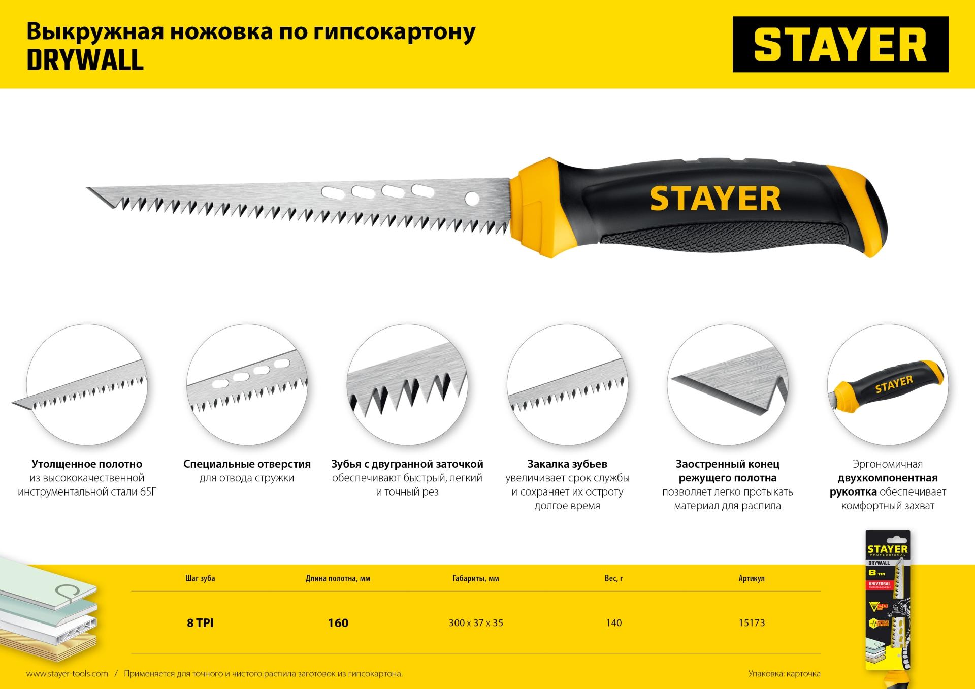 STAYER 160 мм, выкружная ножовка по гипсокартону, Professional (15173)