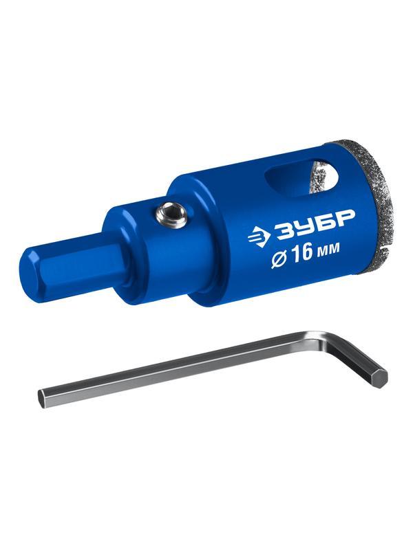 ЗУБР АГК d 16 мм (центр. сверло, трехгр. хвост, Р60), Алмазная коронка, Профессионал (29850-16)