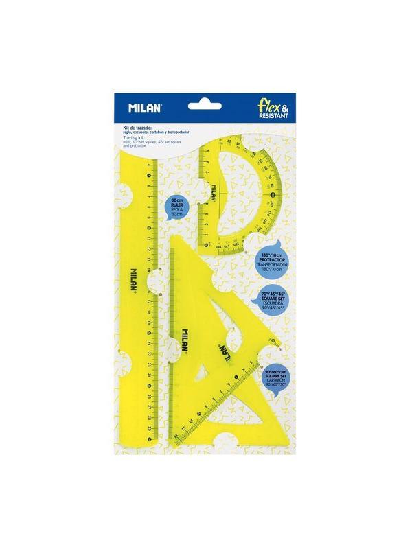 Набор Milan для черчения:линейка 30см, 2треуг(45град,30град),транспорт, жел