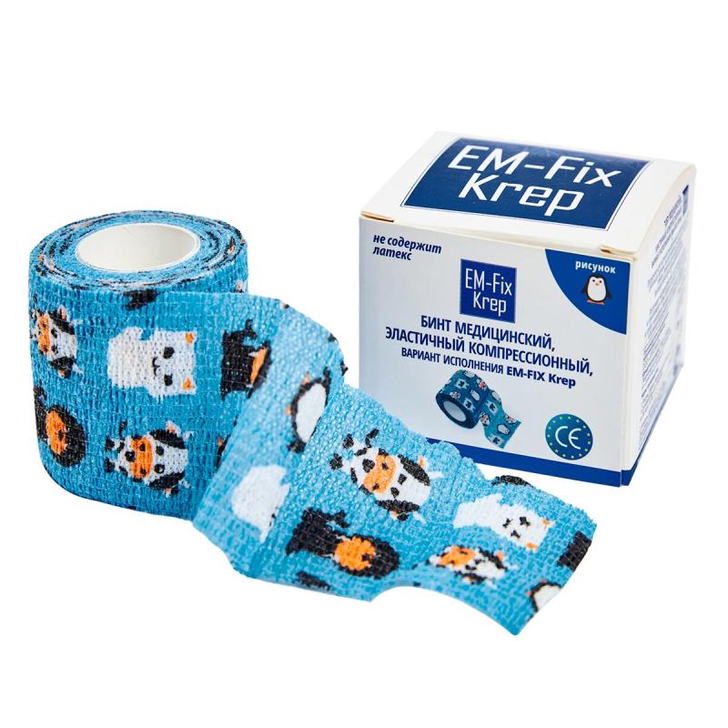 Перевяз. ср-ва Бинт эласт 5см х 4,5м EM-FIX KREP, детский с рисунком, синий
