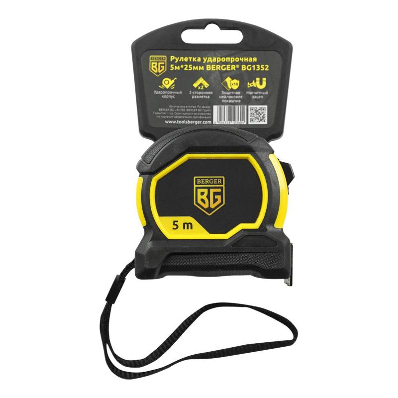 Рулетка ударопрочная 5мx25мм с магнитным зацепом BERGER BG1352