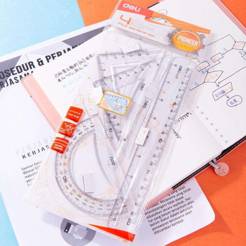 Набор чертежный Deli EG00412 средн:лин 20см,угольн 11 и8см,трансп12см,прозр