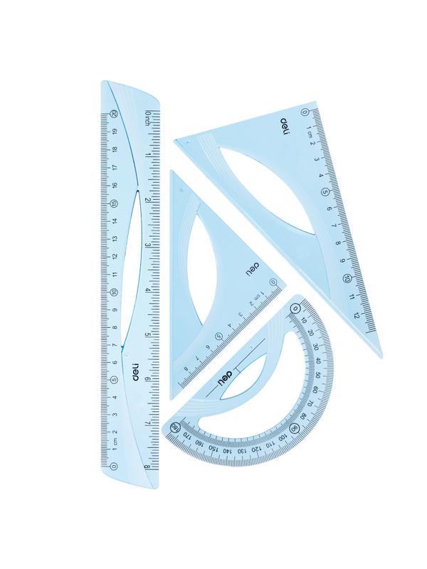 Набор чертежный Deli EH12 средний:лин 20см,угольн 13 и9см,трансп 12см,голуб