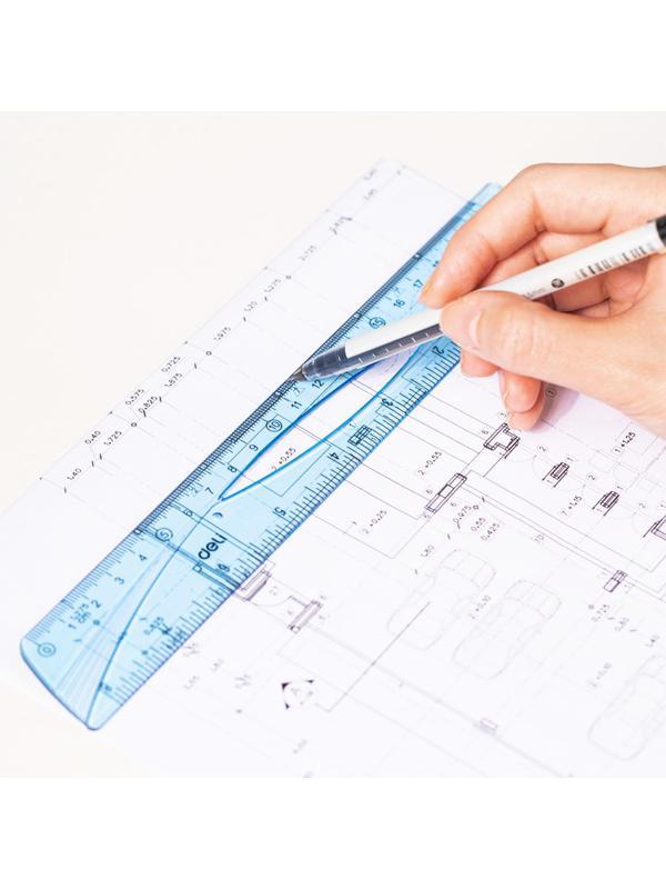 Набор чертежный Deli EH12 средний:лин 20см,угольн 13 и9см,трансп 12см,голуб
