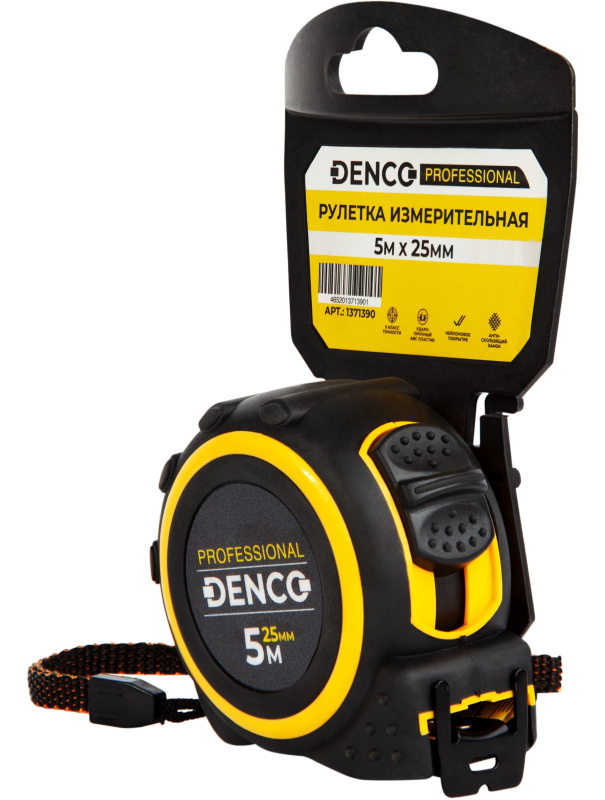 Рулетка строительная DENCO 1371390 двухсторонний зацеп, нейлон, двусторонняя шкала / 5 м x 25 мм.