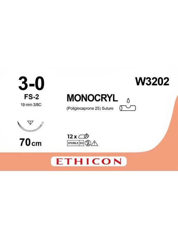 Шовный материал МОНОКРИЛ 3/0 70см н/окр Обр.-реж. 19мм 3/8 W3202 12шт/уп