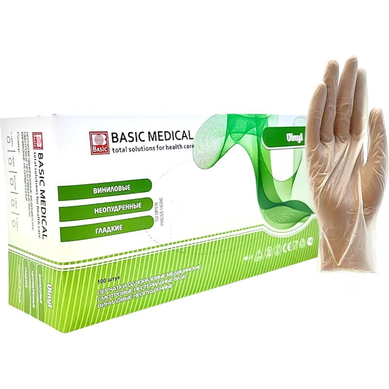 Перчатки виниловые одноразовые, н/о, н/с Basic (M) 50 п/уп