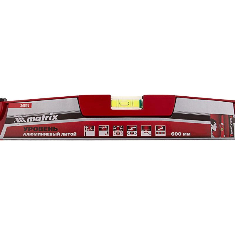 Уровень алюминиевый 600 мм литой 2 глазка (1 фронтальный) Matrix, 34907