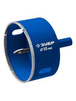 ЗУБР АГК d 55 мм (центр. сверло, трехгр. хвост, Р60), Алмазная коронка, Профессионал (29850-55)