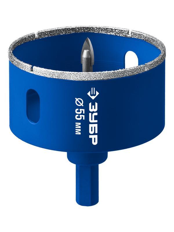 ЗУБР АГК d 55 мм (центр. сверло, трехгр. хвост, Р60), Алмазная коронка, Профессионал (29850-55)