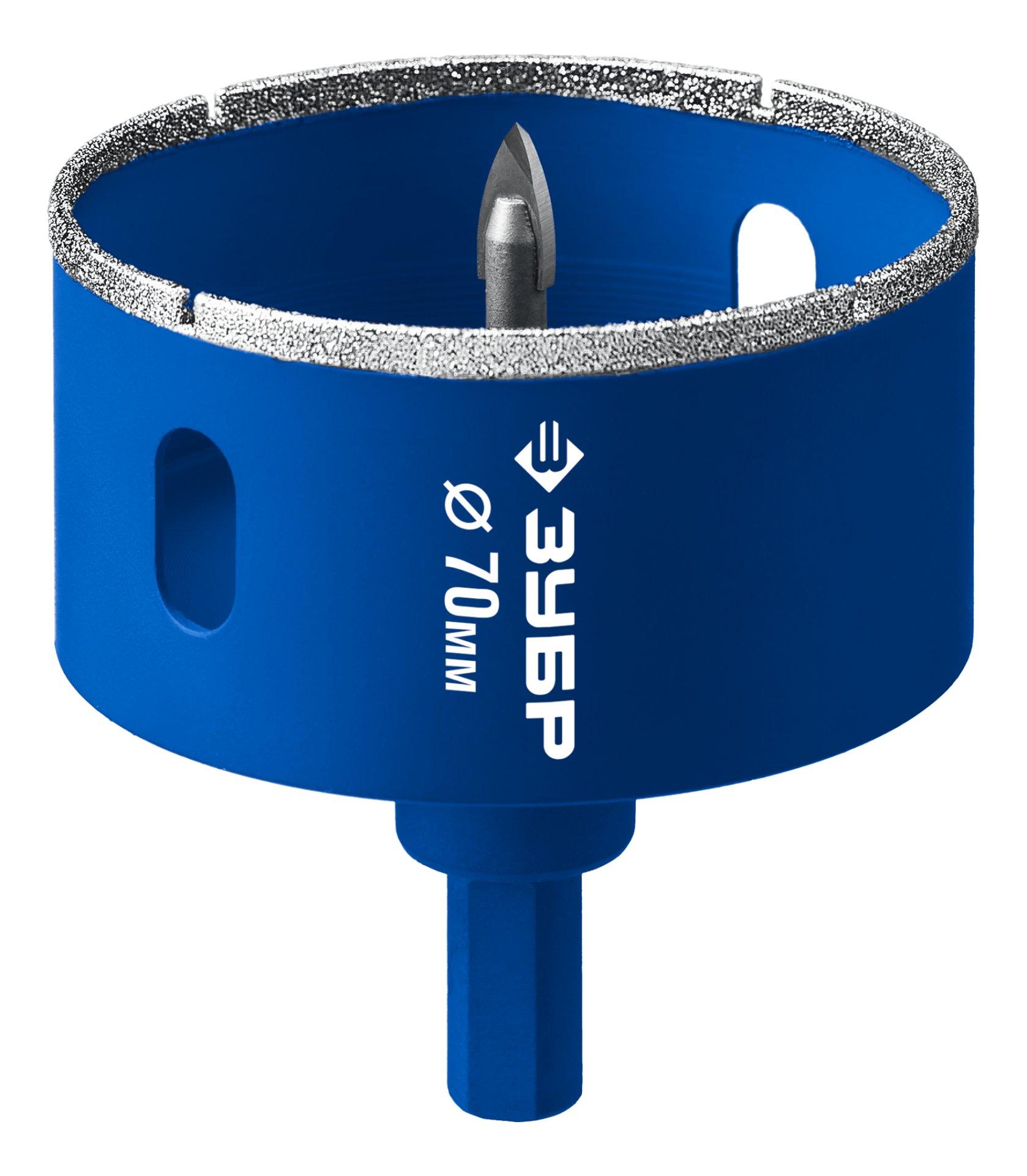 ЗУБР АГК d 70 мм (центр. сверло, трехгр. хвост, Р60), Алмазная коронка, Профессионал (29850-70)