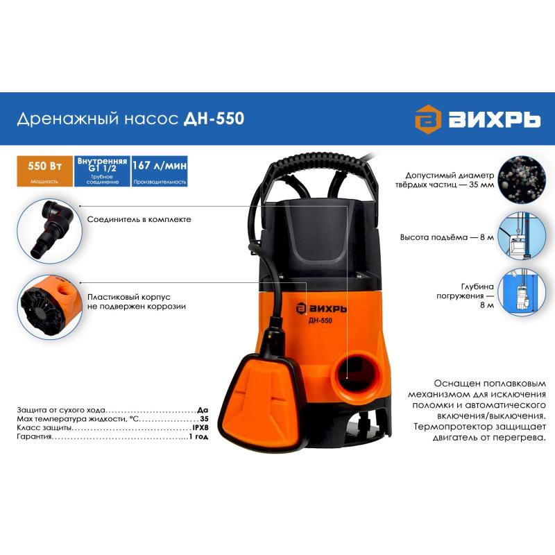 Насос дренажный ДН-550 Вихрь 68/2/9
