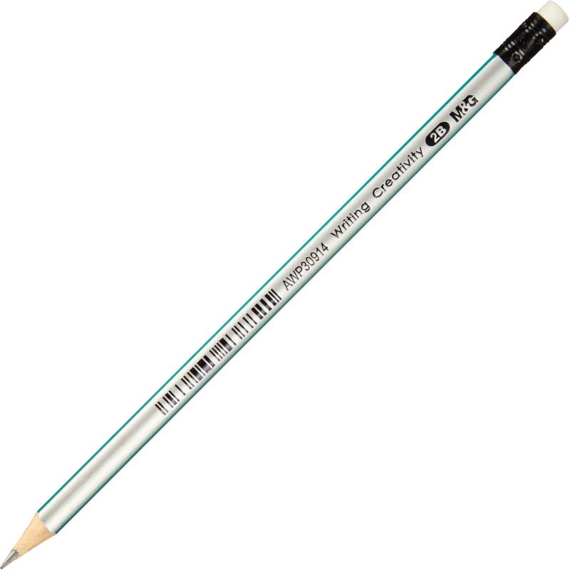 Карандаш чернографитный M&G, 2B, трехгранный, дерево, ластик, ассорти