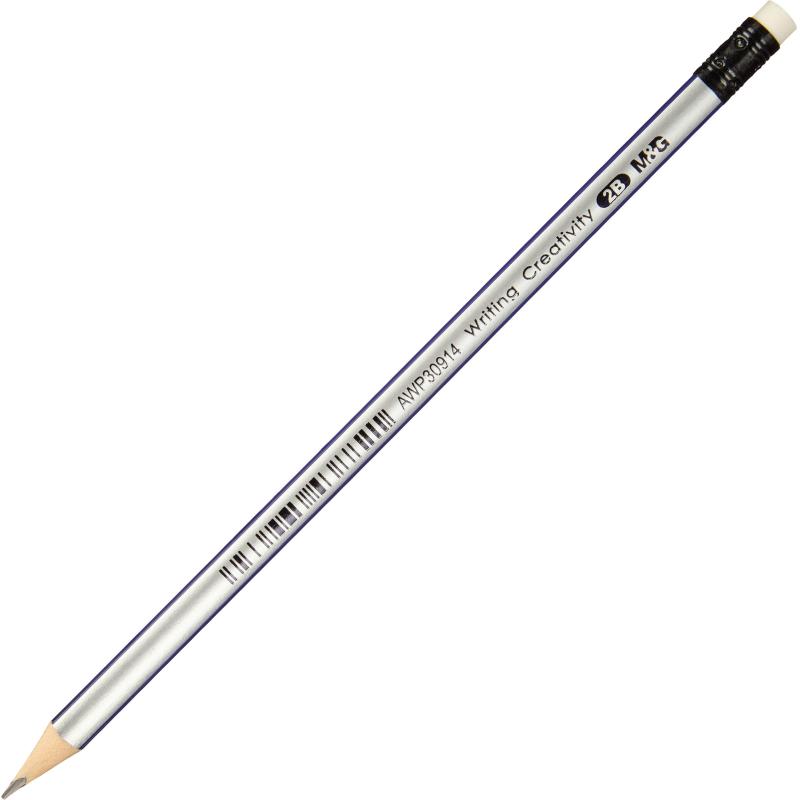 Карандаш чернографитный M&G, 2B, трехгранный, дерево, ластик, ассорти