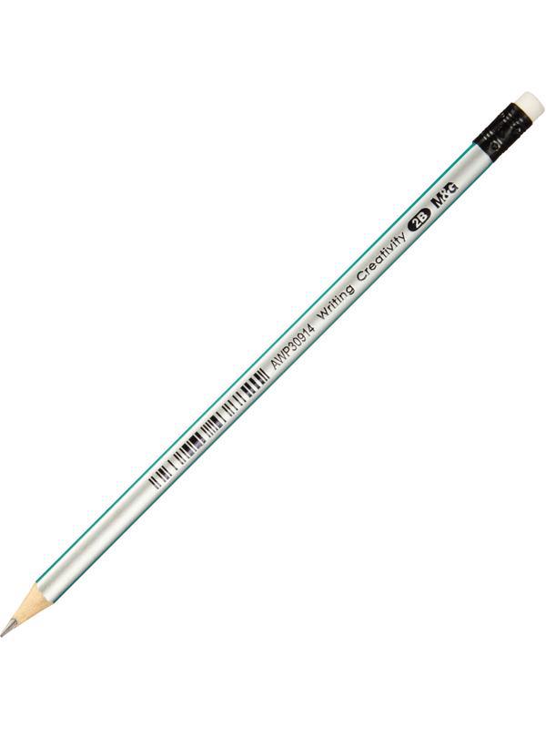 Карандаш чернографитный M&G, 2B, трехгранный, дерево, ластик, ассорти