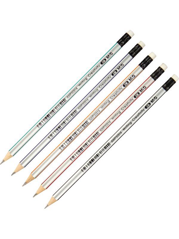 Карандаш чернографитный M&G, 2B, трехгранный, дерево, ластик, ассорти