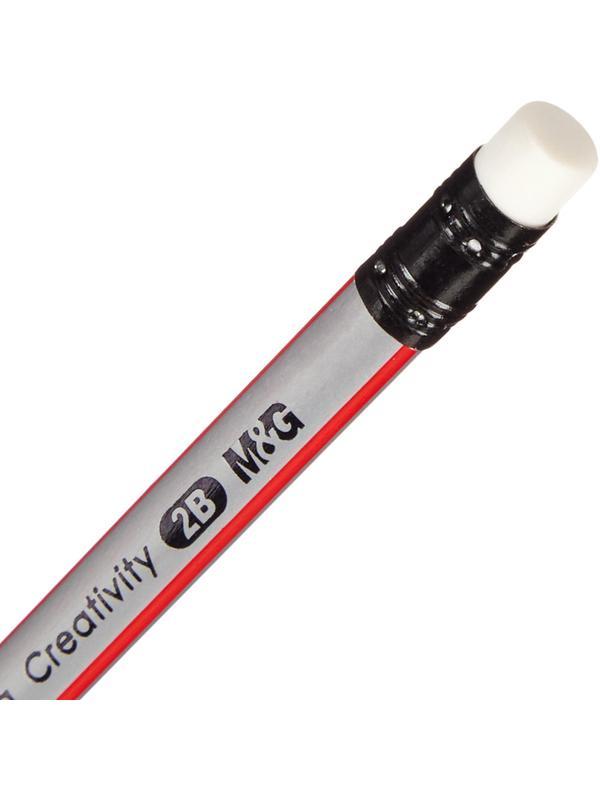 Карандаш чернографитный M&G, 2B, трехгранный, дерево, ластик, ассорти