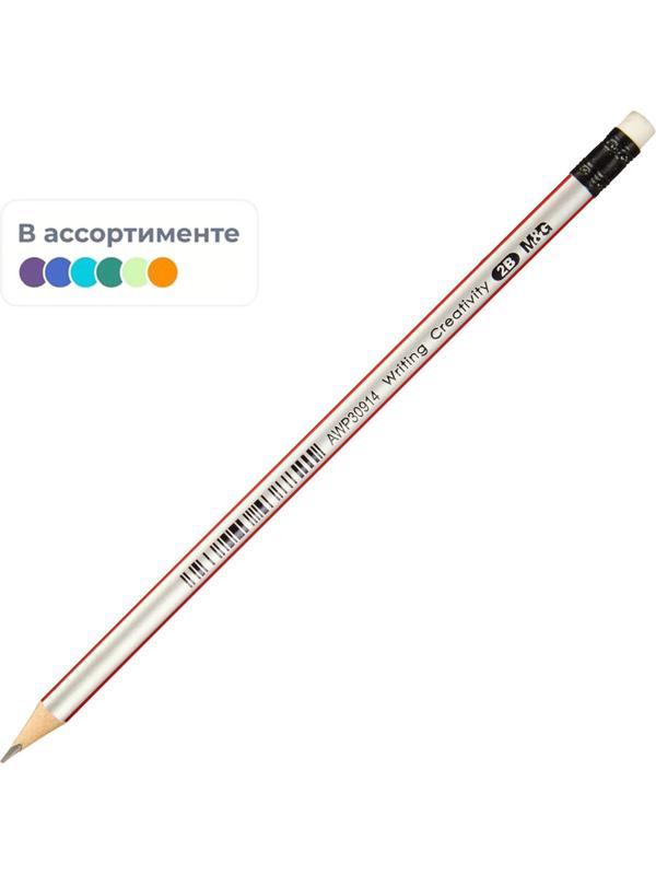 Карандаш чернографитный M&G, 2B, трехгранный, дерево, ластик, ассорти