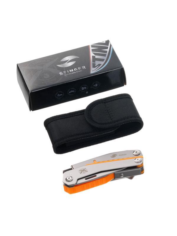 Мультитул Stinger,105мм,8функц,сталь/АБС-пласт,оранж,с нейлон.чехл,MT-GHK10