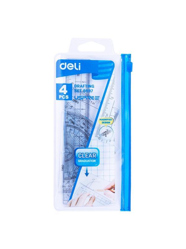 Набор чертежный Deli E9597 малый: лин 15см,угольн 10 и 7см,трансп 8см,прозр