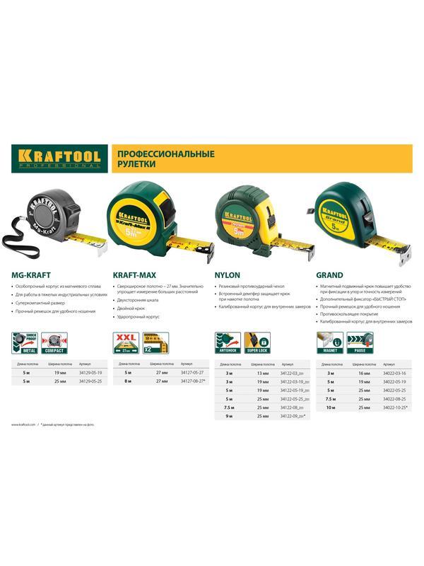 KRAFTOOL MG-Kraft, 5 м х 25 мм, ударопрочная профессиональная рулетка (34129-05-25)