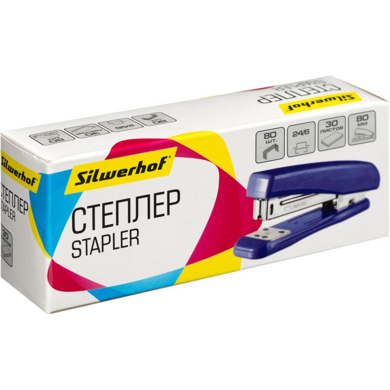 Степлер Silwerhof 401075-02 24/6 30л 80скоб пластик закр/откр синий