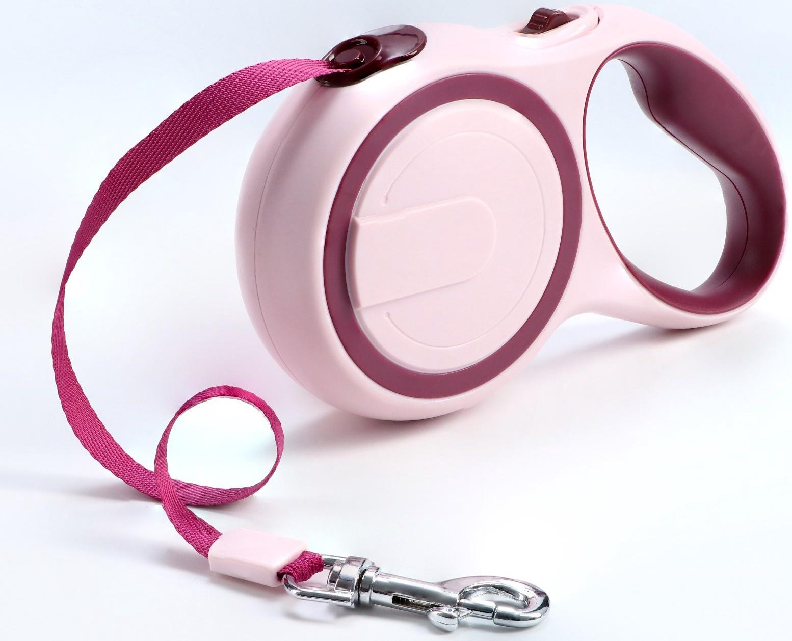 Рулетка с системой эффективного скручивания поводка, 5 м, до 20 кг, розово-бордовая