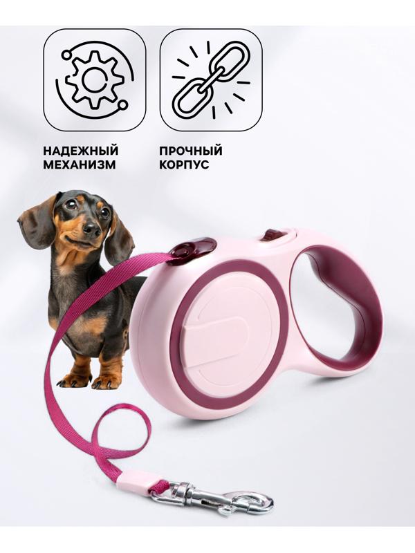 Рулетка с системой эффективного скручивания поводка, 5 м, до 20 кг, розово-бордовая