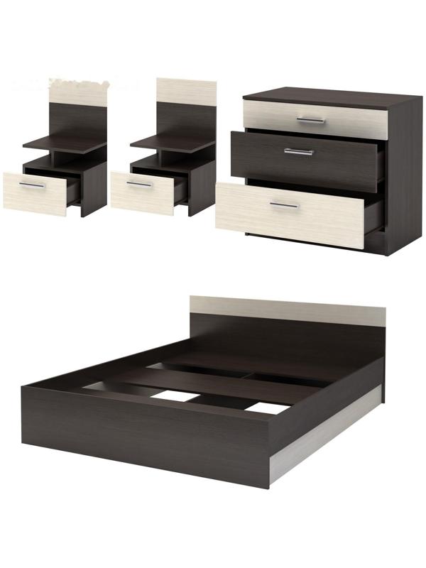 Спальный гарнитур «Леси», набор - комод 800, кровать 1600, тумбы 2 шт, венге/дуб белфорд