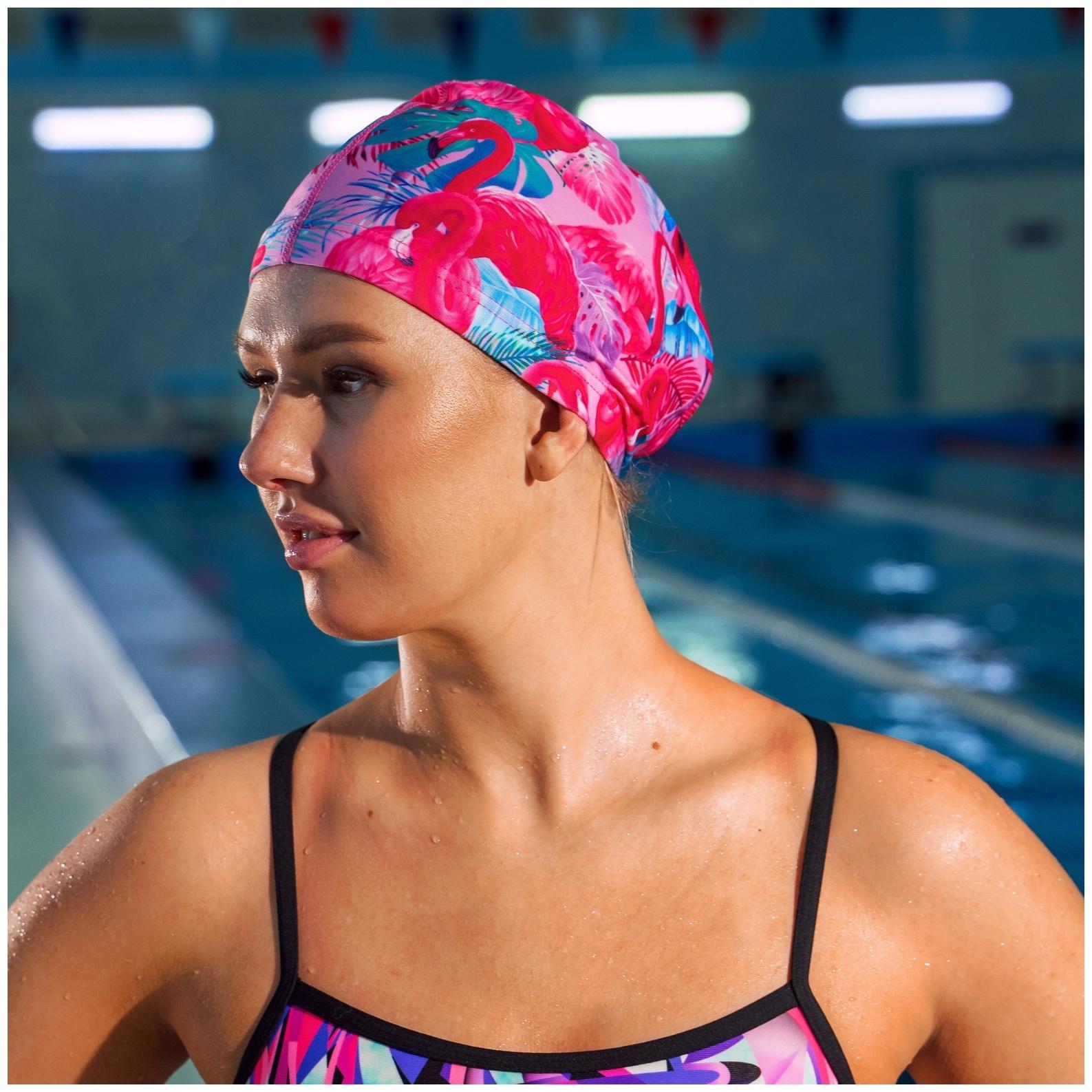 Шапочка для плавания взрослая ONLYTOP Swim «Фламинго», тканевая, обхват 54-60 см