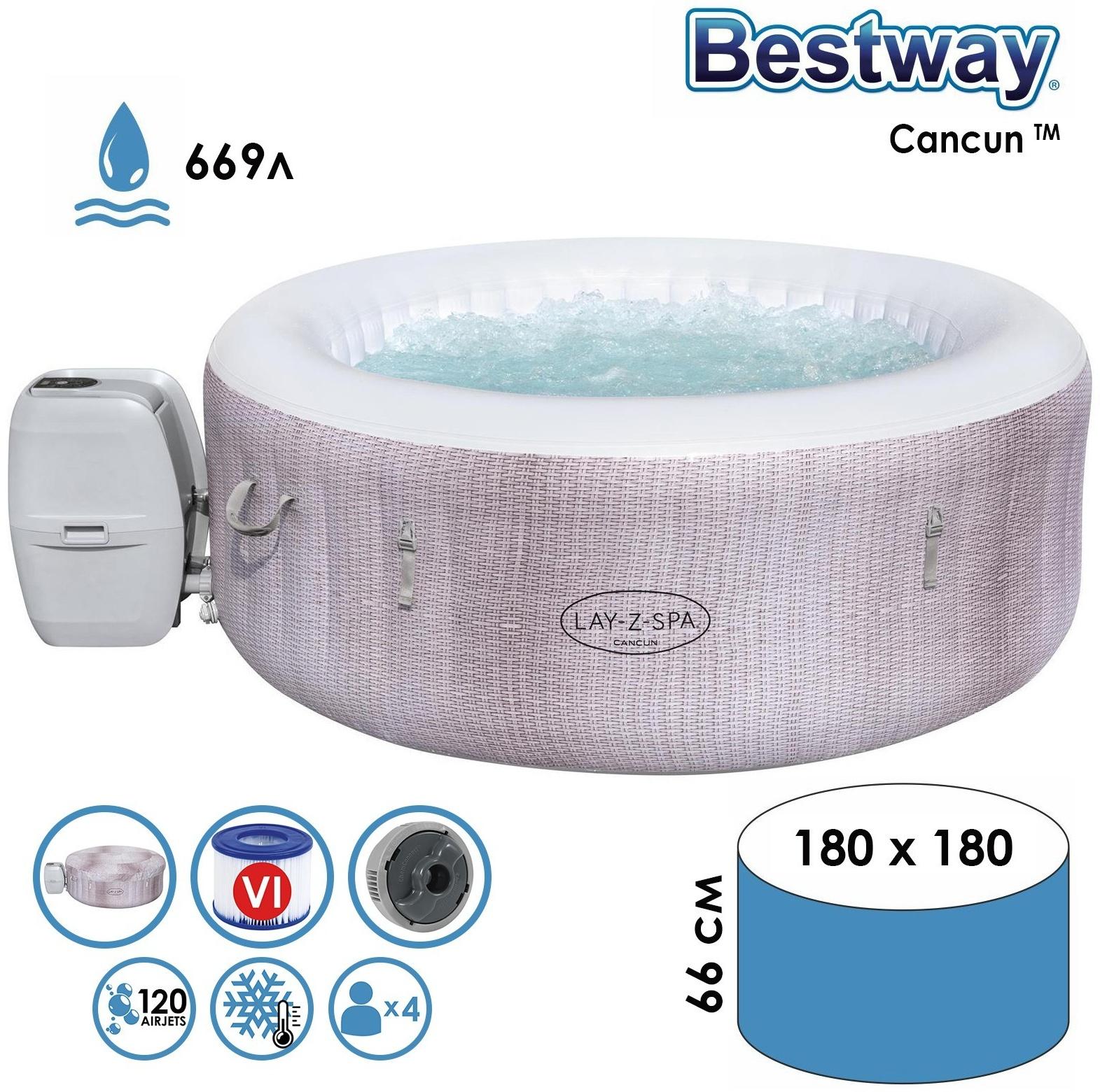 SPA-бассейн Bestway Cancun AirJet, 180×66 см, фильтр-насос, тент, дозатор для химии, аэромассаж, 60003