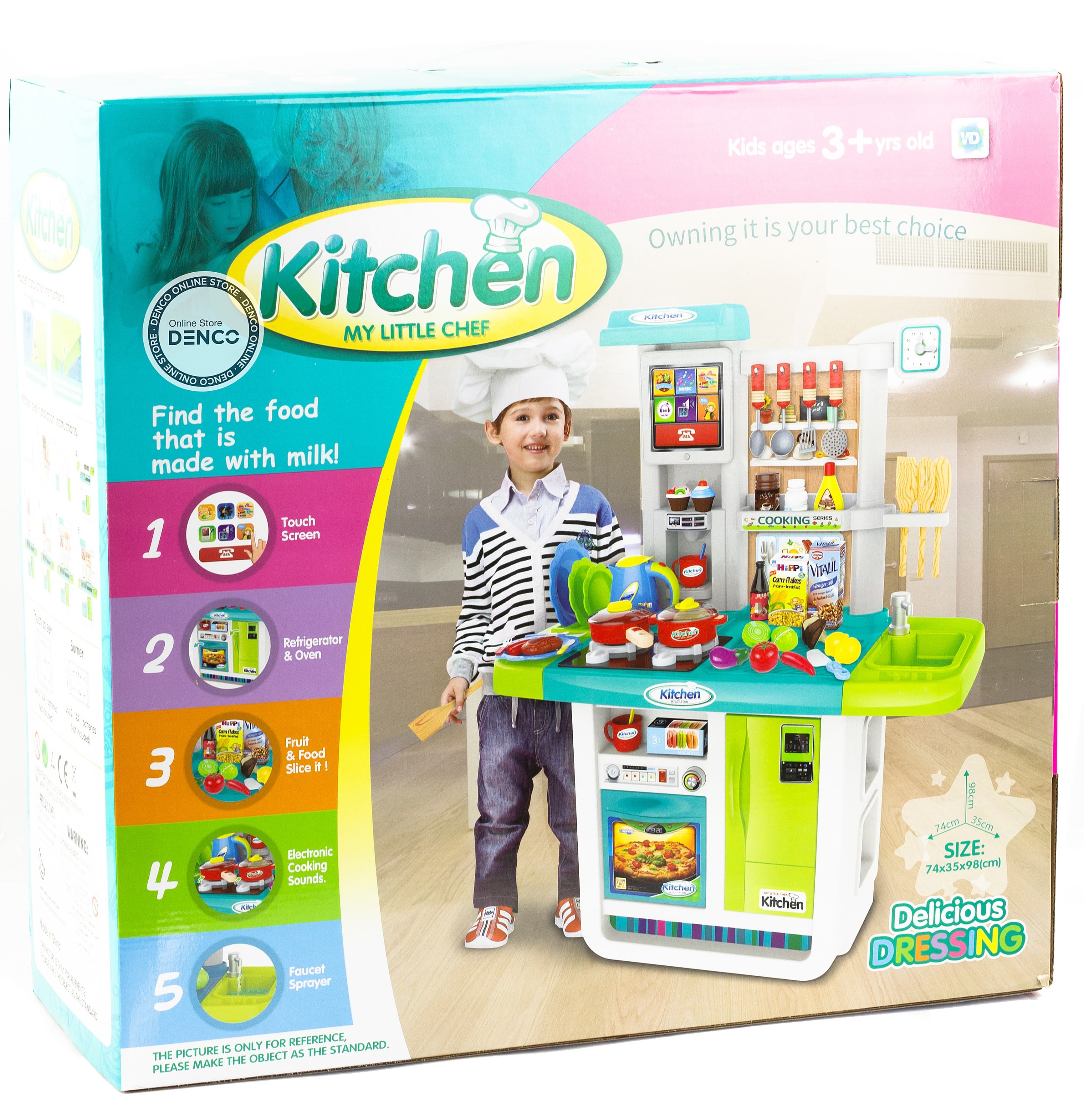 Детская игровая кухня DE LUXE c водой, светом, звуком, 46 аксессуаров, высота 98 см / WD-B23