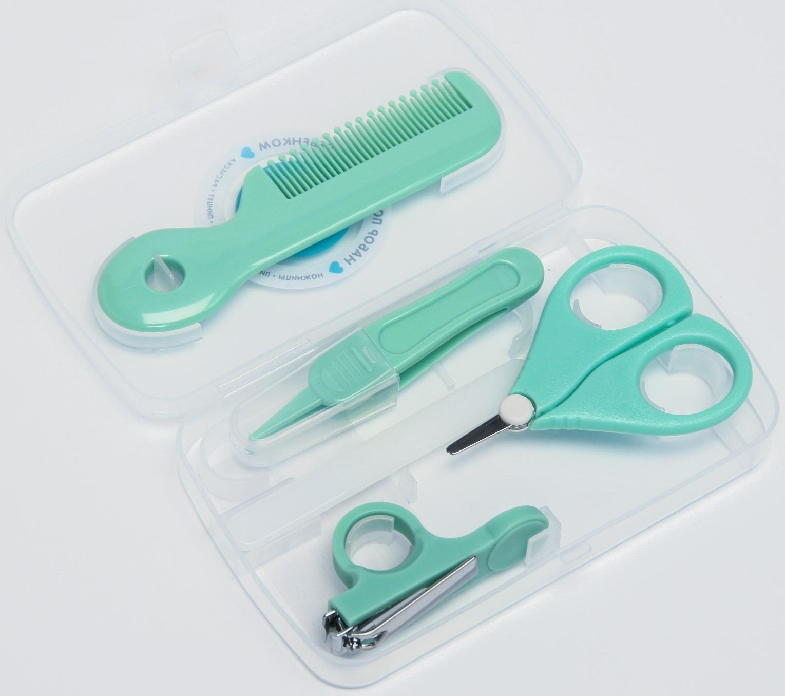 Набор по уходу за ребенком, 5 предметов: расческа, пинцет, ножницы, книпсер, пилка, зеленый