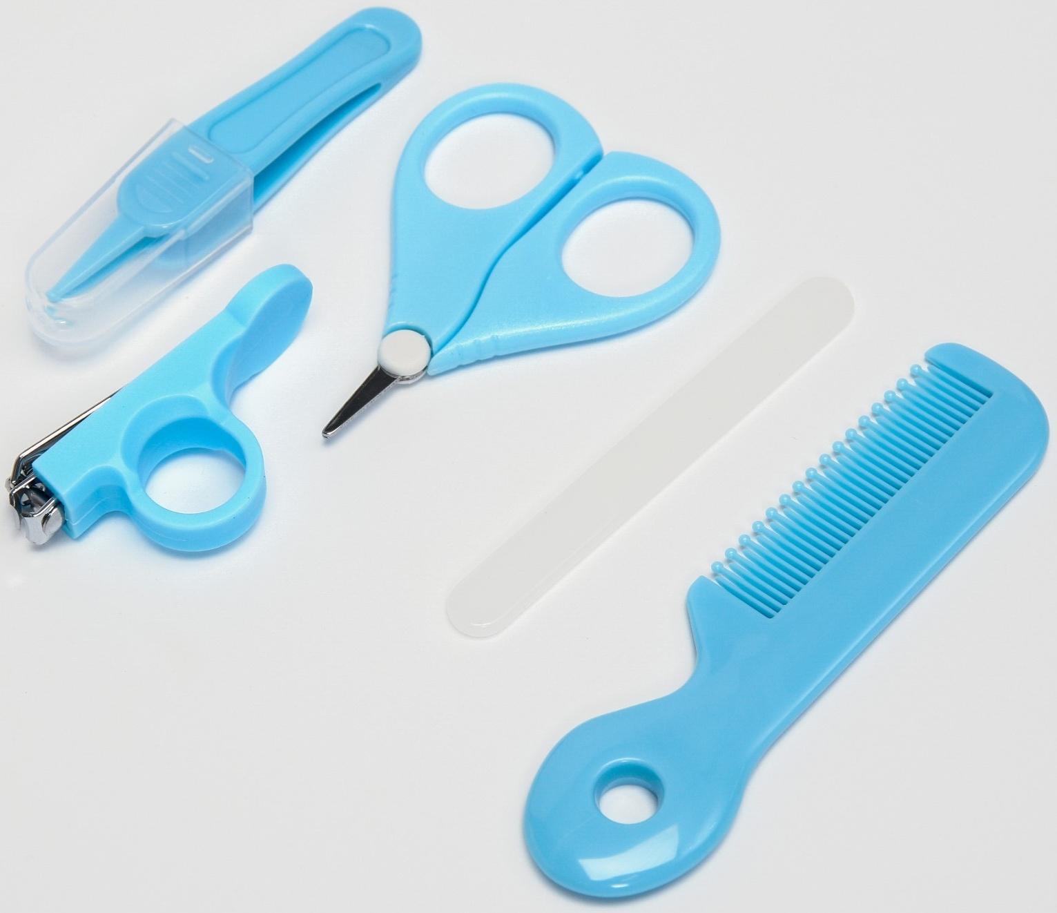 Набор по уходу за ребенком, 5 предметов: расческа, пинцет, ножницы, книпсер, пилка, голубой