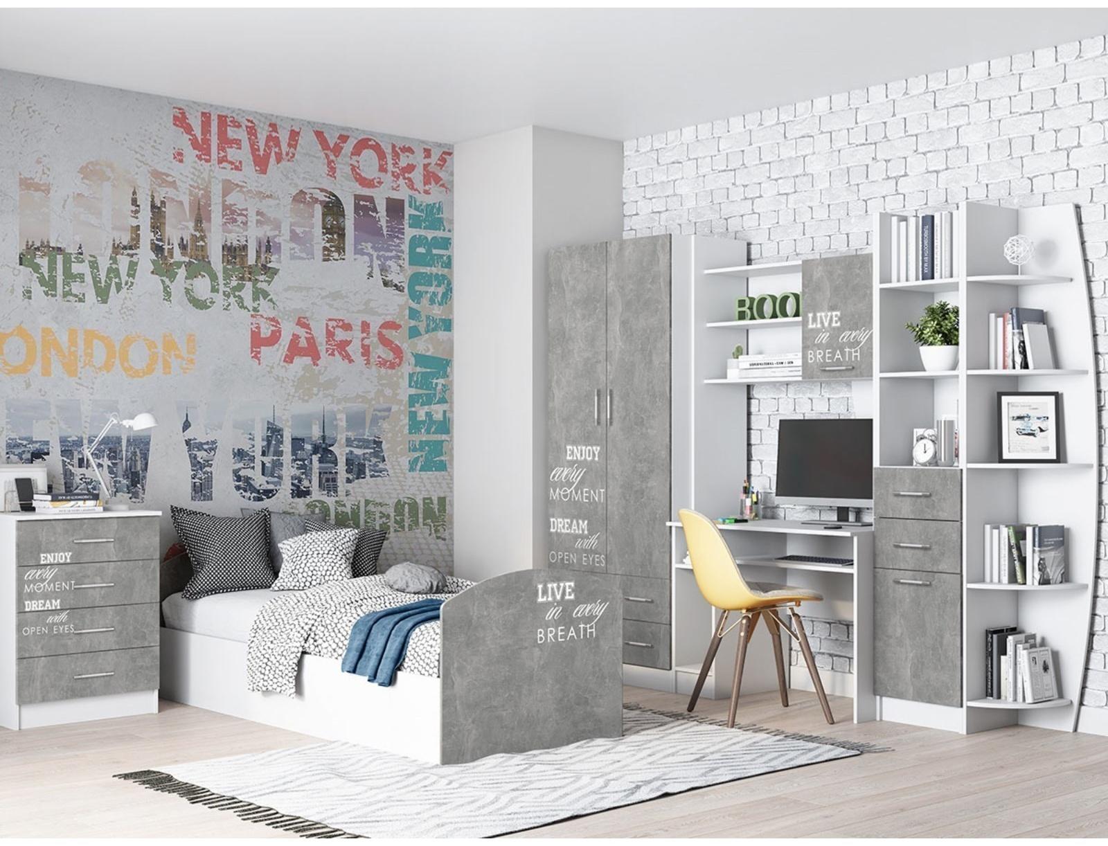 Детская Стенка Юниор 2, Шкаф, стол, полка, стеллаж, Белый/Бетон светлый