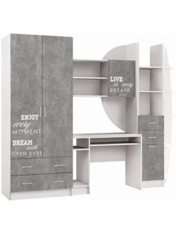 Детская Стенка Юниор 2, Шкаф, стол, полка, стеллаж, Белый/Бетон светлый