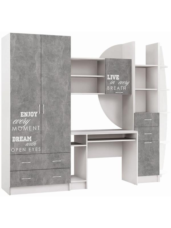 Детская Стенка Юниор 2, Шкаф, стол, полка, стеллаж, Белый/Бетон светлый