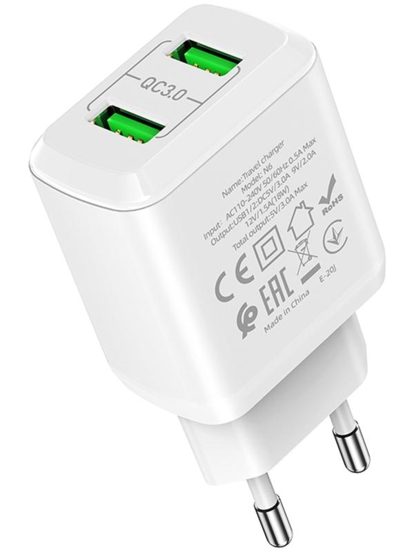 Сетевое зарядное устройство Hoco N6, 18 Вт, 2 USB QC3.0 - 3 А, белый