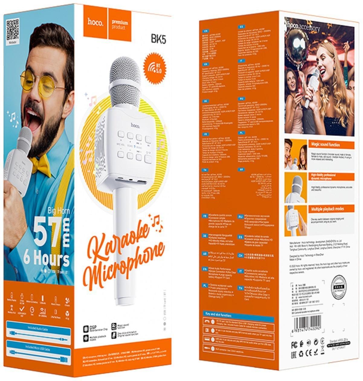 Микрофон для караоке Hoco BK5, 5 Вт, 1200 мАч, BT 5.0, microSD, USB, коррекция голоса, белый